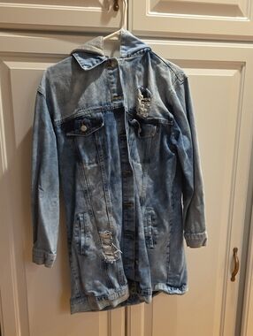 Light Wash Distressed Denim Jacket with Removable Hood